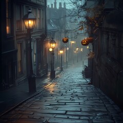 Spooky Halloween Vibes: Cobblestone Street with Old Lampposts and Ornaments