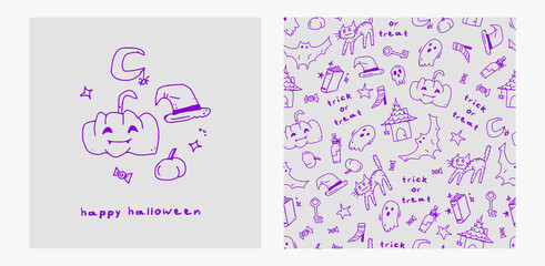 Set of card and pattern. Happy halloween, mystical magic. decoration carnival elements. Template for Notebook covers, pattern for wallpapers, textile. Doodle vector arts. Childish naive illustrations