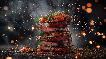 Stacked meat with herbs and vegetables on a dark background, with sparks flying around it. Professional food photography, a close-up shot taken from a low angle, in high resolution.