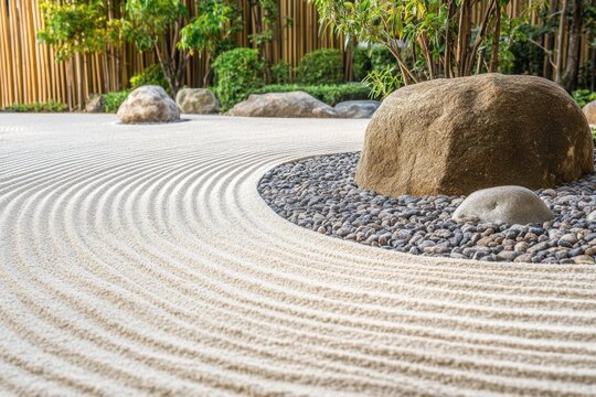 Zen Garden Design with White Sand  Stones  and Bamboo