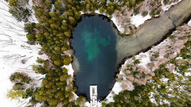 Gorgeous Spring Fed Pond Winter Forest Aerial 