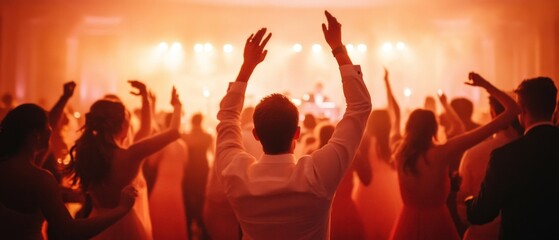 A Vibrant Wedding Celebration: Guests of All Ages Dancing Joyfully Under Elegant Lights