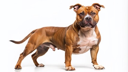Obraz premium Energetic Staffordshire Bull Terrier stands confidently on a pristine white background, showcasing its muscular build, vibrant coat, and irresistible personality in a powerful pose.
