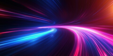 Neon blue and pink light trails against a starry sky, flowing in a curved path to create a vibrant, fast-motion effect with a futuristic, cosmic atmosphere.
