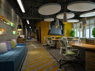 3d render modern working roffice, yellow designed