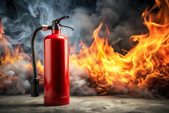 Fire extinguisher with burning flame and smoke in background