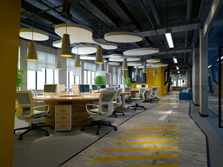 3d render modern working roffice, yellow designed