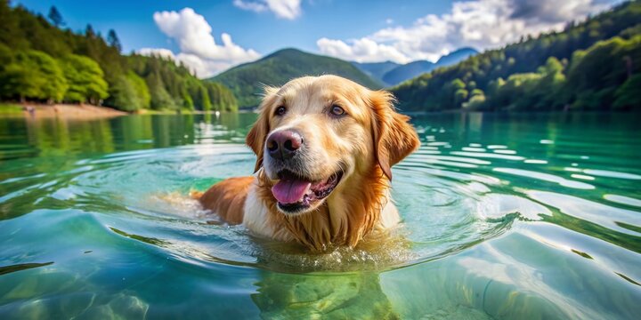 A happy golden retriever swims and plays in the calm turquoise waters of a serene lake on a warm sunny summer day.