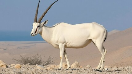 A solitary white Arabian oryx perches atop a rocky hill, gazing into the distance against a backdrop of a pristine blue sky, embodying tranquility and strength