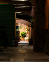 Pasilo entre sombras de un edificio antiguo, con plantas al fondo. 