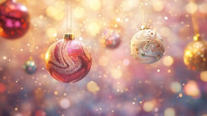 Abstract Christmas ornaments floating freely, creating a whimsical and otherworldly festive atmosphere