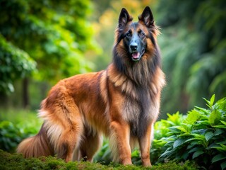 Majestic Belgian Tervuren dog with mahogany coat and black mask, standing alertly in a natural setting with blurred green foliage in the background.