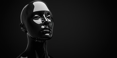 Glossy black mannequin head against a dark background with smooth reflections and high contrast, featuring sleek and polished surfaces for artistic or abstract projects.