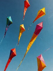 Colorful kites flying during Makar Sankranti with copy space.