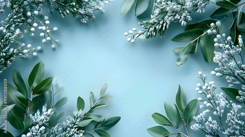 Canvas Prints Frosted Green Leaves on Blue Background: Winter Wonderland