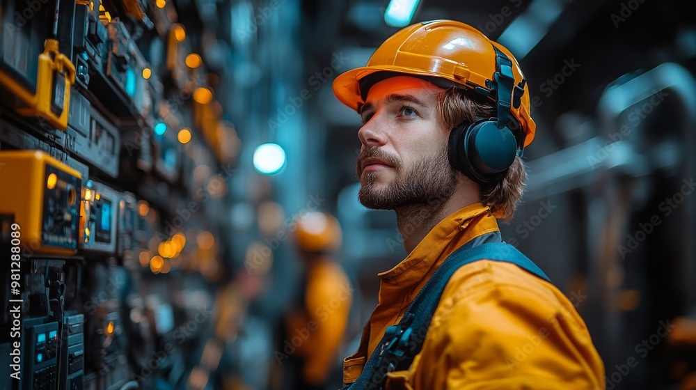 Poster user focuses on robotic controls and interface in an industrial setting during evening hours