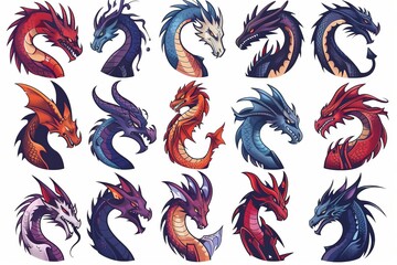 Fototapeta premium Funny dragons doodle set, cartoon dino, graphic dinosaurs isolated, monster animals