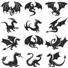 Obraz premium Dragons icon silhouette, dino, wyvern symbols, dinosaurs isolated, mythical monster, minimal flat tattoo