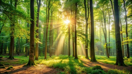 Fototapeta premium Background of a peaceful forest with tall trees and sunlight filtering through the leaves, forest, trees, nature
