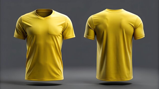 Blank yellow clean tshirt mockup isolated in front and back views 3D rendering Empty gray undershirt model mockup Clear dark classic soccer shirt template . AI Generative