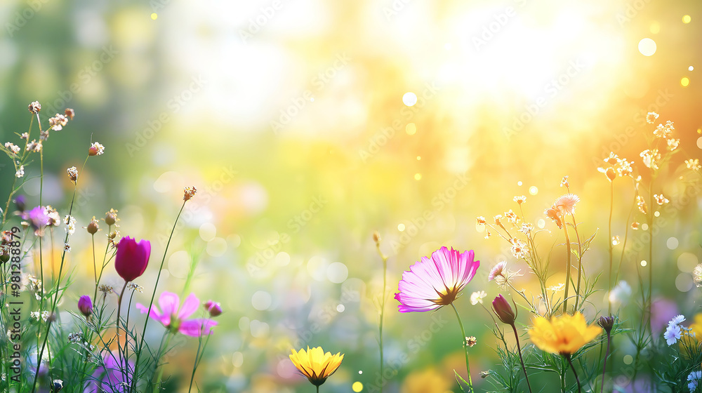 Poster bright flower meadow with sunlight and bokeh for spring and summer greeting