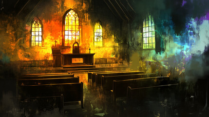 Colorful light streaming through stained glass windows in an empty church during sunset