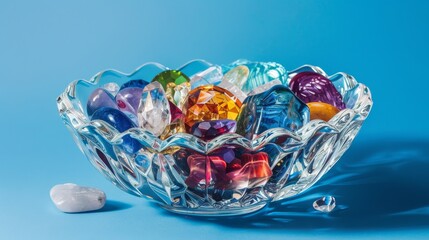 high-resolution crystal bowl filled with colorful gummy candies against a blue background, showcasing a variety of shapes and glossy colors like red, yellow, pink, green, and purple, illuminated