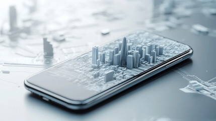 A smartphone displays a three-dimensional cityscape, symbolizing the integration of urban planning and modern technology in a digital age.