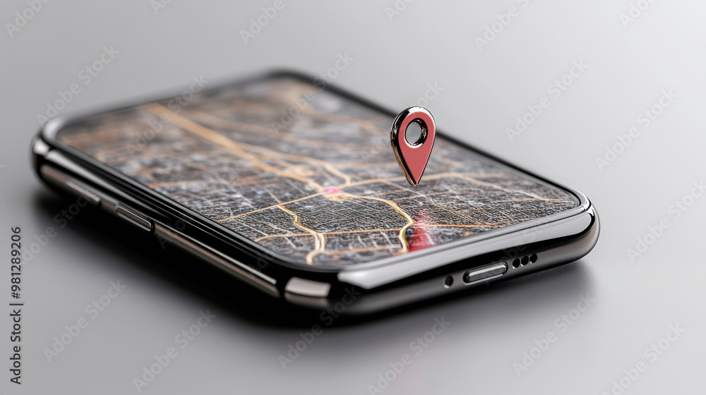 Poster a smartphone displays a digital map with a location pin icon, symbolizing gps navigation or location