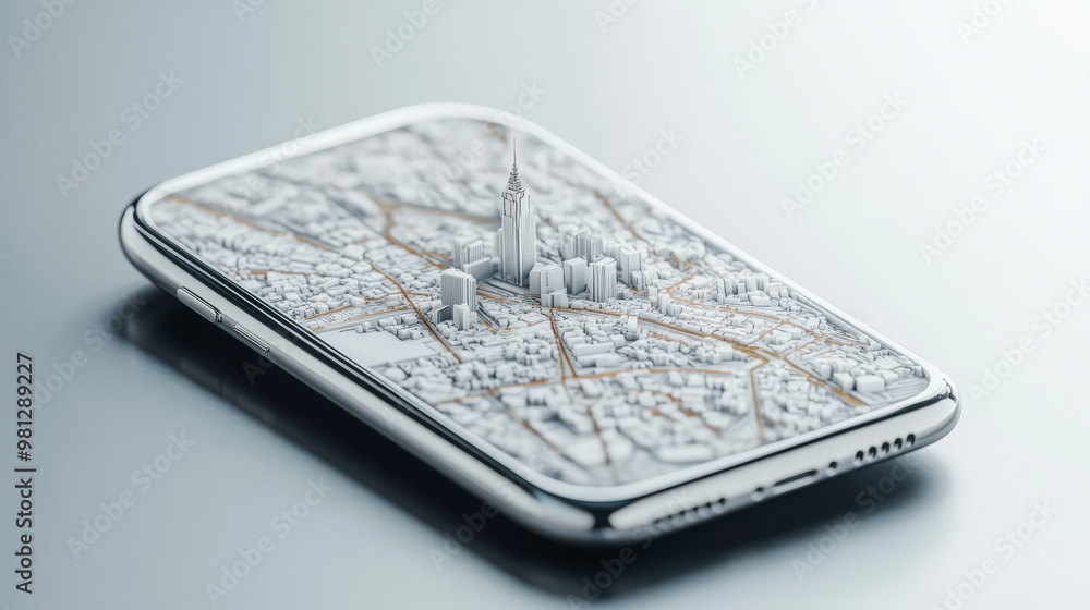 Poster a smartphone displaying a 3d city map, including buildings and streets, showcasing advanced navigati