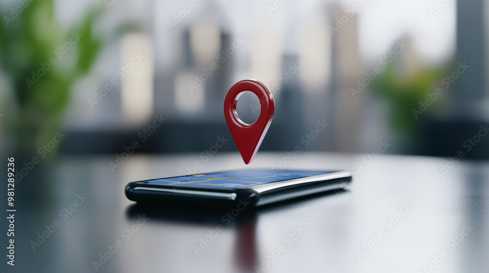 Poster a smartphone with a red location pin icon hovering above, symbolizing gps or navigation, set against