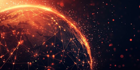 Digital visualization of a global network with orange data points connecting continents on a dark background, perfect for technology, global business, and communication themes,
