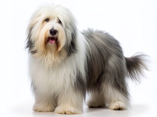 A majestic Old English Sheepdog stands proudly on a pristine white background, its shaggy coat and endearing expression captivating the viewer's attention.