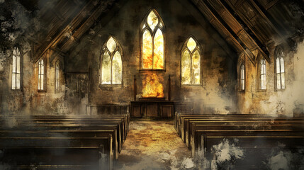 Fototapeta premium Abandoned church interior with stained glass windows illuminated by warm light in autumn
