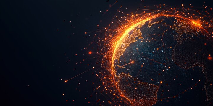 Digital visualization of a global network with orange data points connecting continents on a dark background, perfect for technology, global business, and communication themes,
