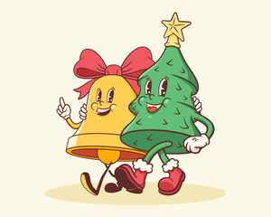 Groovy Christmas Tree and Bell Retro Characters. Cartoon Xmas Decorative Chime and Pine Personage Banner. Vector Winter Holiday Mascot Template Background. Happy Vintage Cool Illustration Isolated