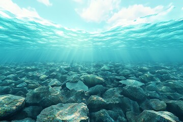 Obraz premium A serene underwater scene showcasing clear turquoise waters and rocky seabed illuminated by soft sunlight.