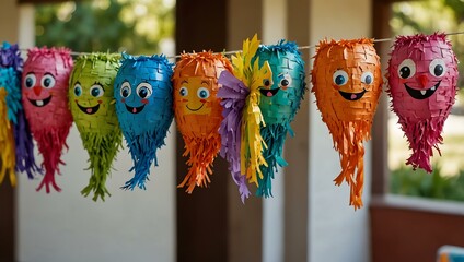 Colorful piñatas hanging at a birthday party.
