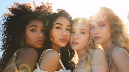 Obraz premium Five beautiful multicultural young women looking at the camera in sunlight