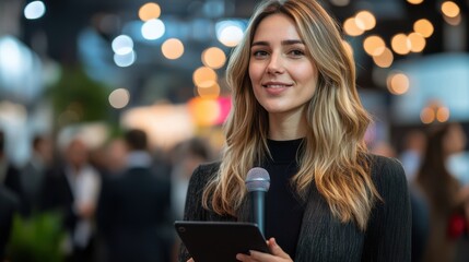 Woman Speaker at Conference with Microphone and Tablet
