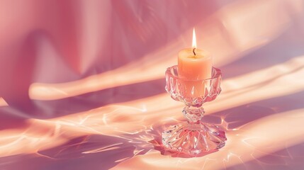 crystal candlestick with pink and orange lighting, casting soft shadows on fabric against a pastel gradient background, creating a tranquil and warm atmosphere with a serene candle flame