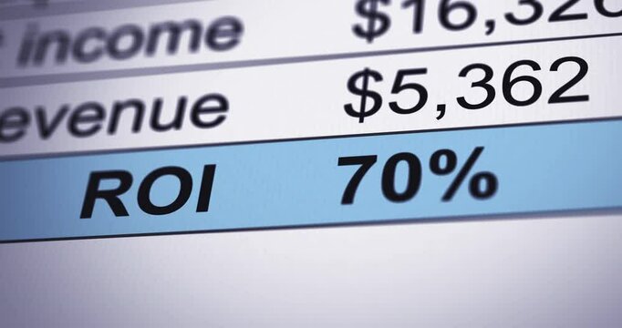ROI financial report with animated data, return on investment document, roi calculator and efficiency statistics, footage