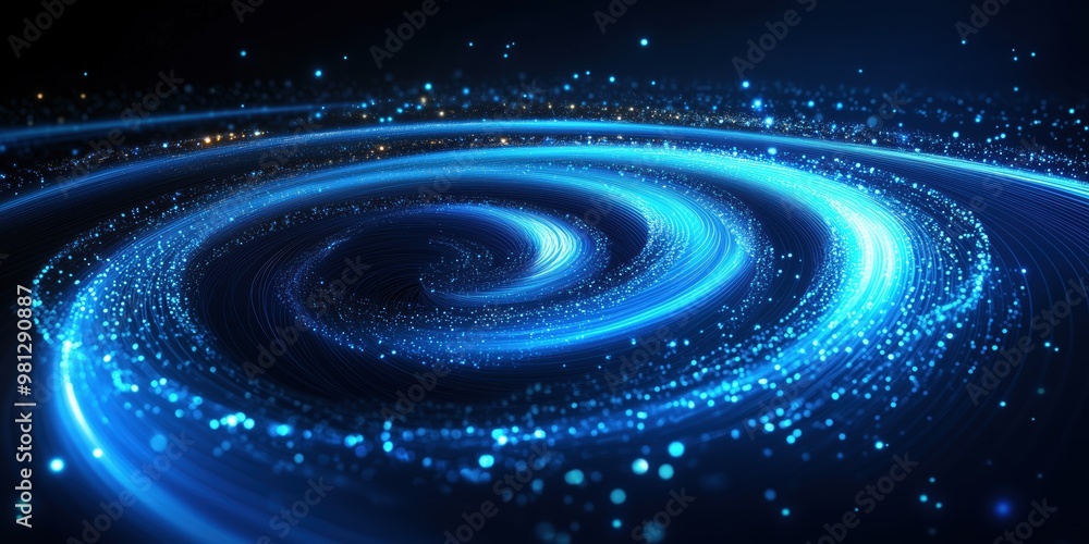 Wall mural lue light spiral with glowing particles forming a dynamic vortex on a dark background