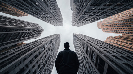 Fototapeta premium A person stands surrounded by towering skyscrapers, looking up at the cloudy sky, emphasizing the scale and height of the buildings.