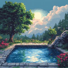 A serene landscape with a reflecting pool, a tree, mountains, and a rocky waterfall.