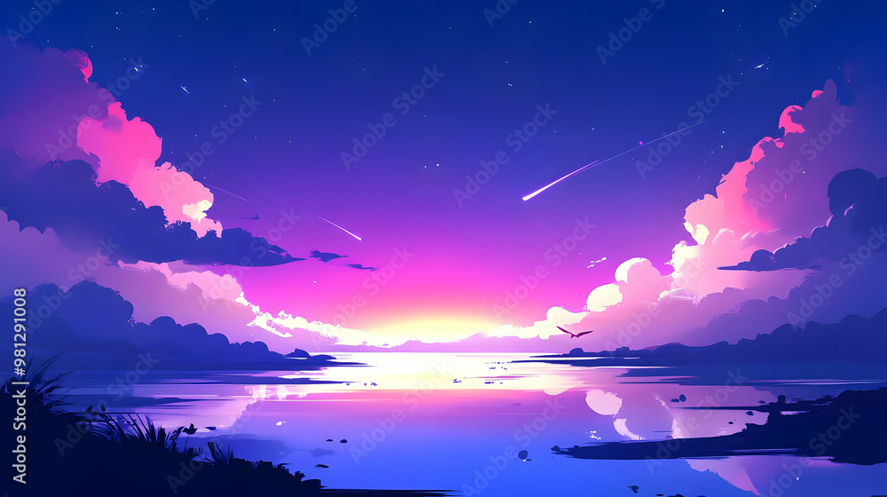 Poster Sunset Sky with Shooting Stars and Calm Water