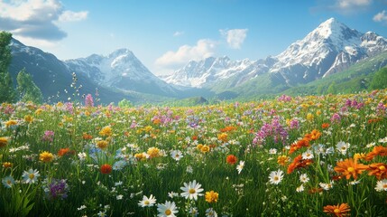 Fototapeta premium A Vibrant Wildflower Meadow Against a Majestic Mountain Range