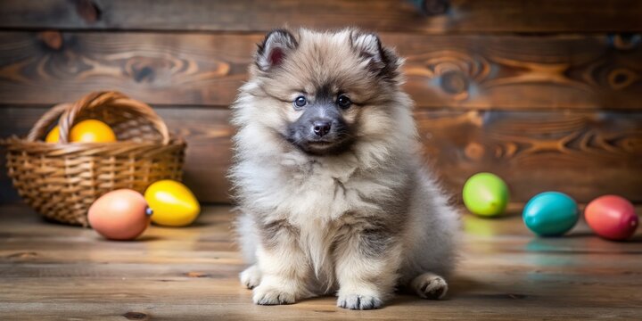 Fluffy, grey and white keeshond puppy with bright brown eyes and curled tail sits on a worn wooden floor, surrounded by scattered toys and balls.
