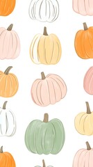 Pumpkins and gourds in various shapes, sizes, and colors on a white background. Vector illustration