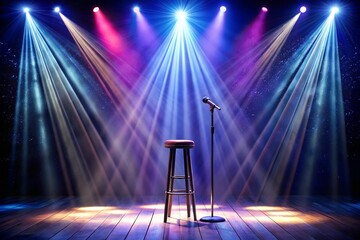 Stage setup for stand-up comedy with a microphone and stool, featuring reflectors' rays, high-contrast image. AI Generative